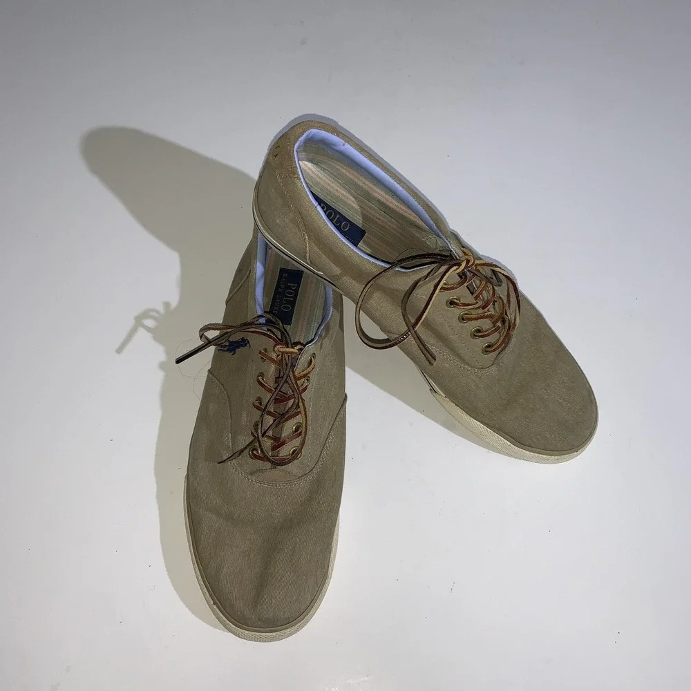 Polo Ralph Lauren Sneakers Mens Size 13 Vaughn Beige Twill Lace Up Casual